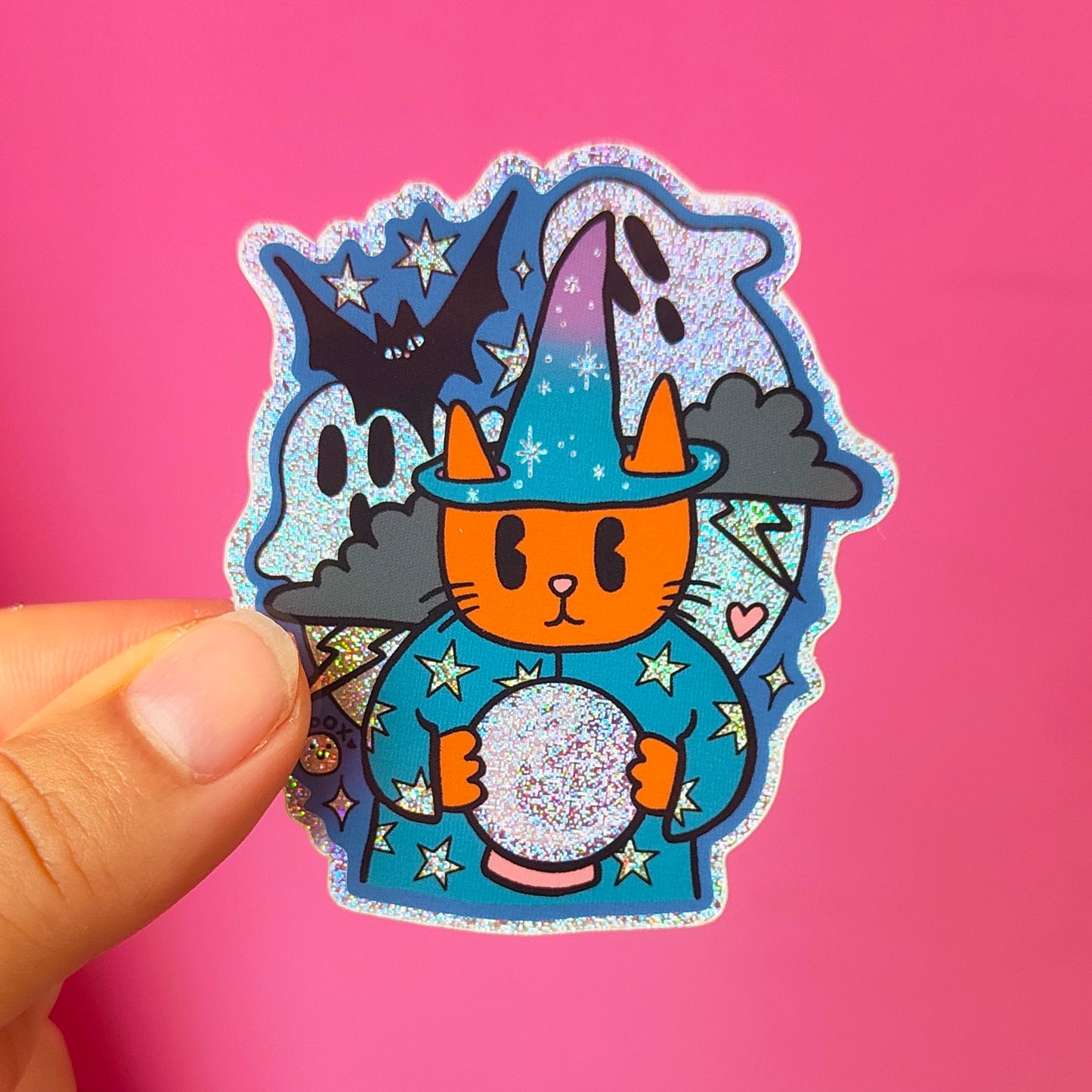 Wizard Cat Summoning Ghosts - Glitter Halloween Sticker