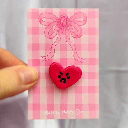 Love Heart Handmade Pin Badge -Grumpy Heart in Red