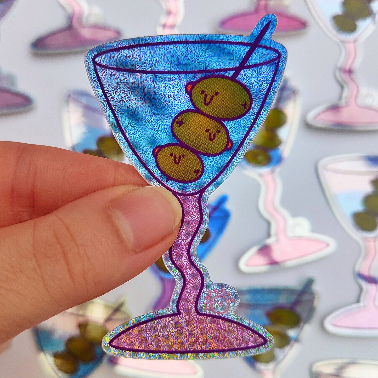 Olive-tini Smiling Cocktail - Holographic Glitter Sticker