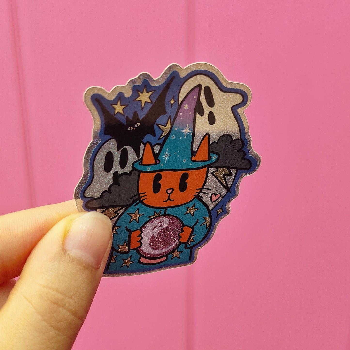 Wizard Cat Summoning Ghosts - Glitter Halloween Sticker