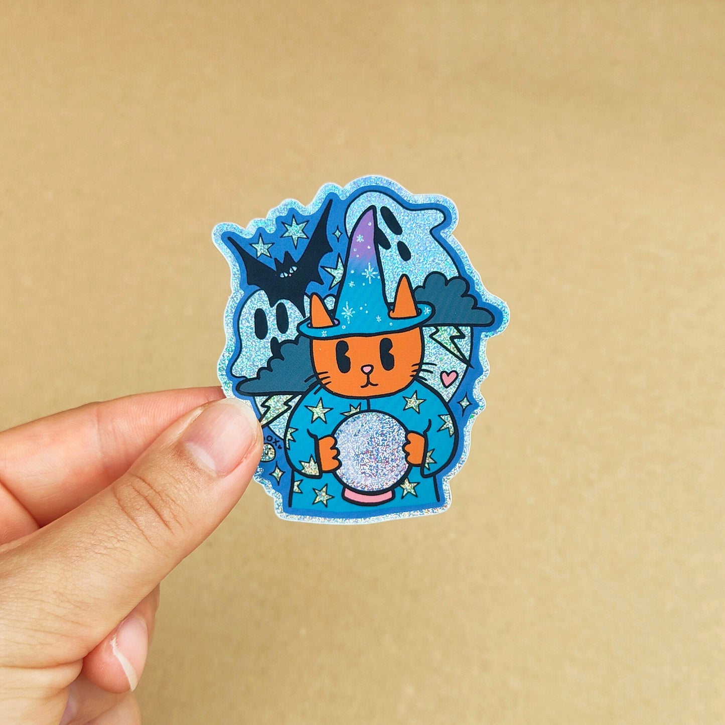 Wizard Cat Summoning Ghosts - Glitter Halloween Sticker