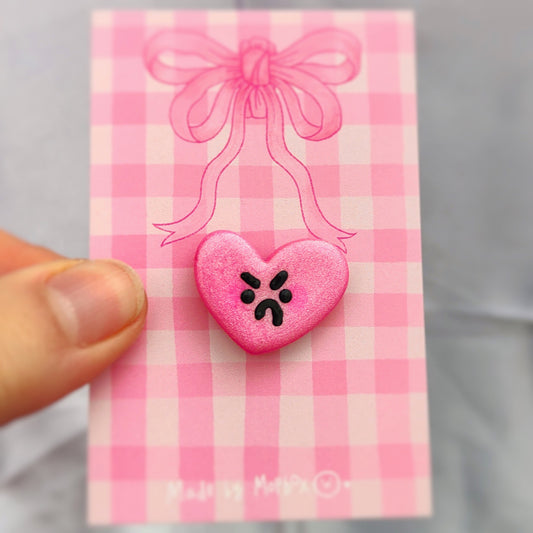 Love Heart Handmade Pin Badge -Grumpy Heart in Pink