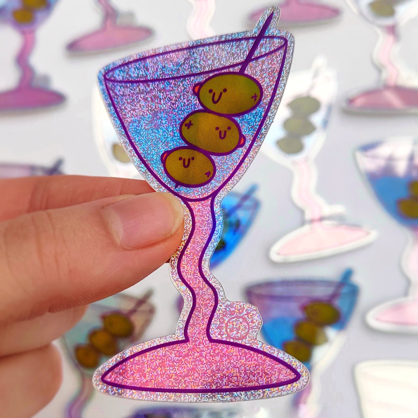 Olive-tini Smiling Cocktail - Holographic Glitter Sticker