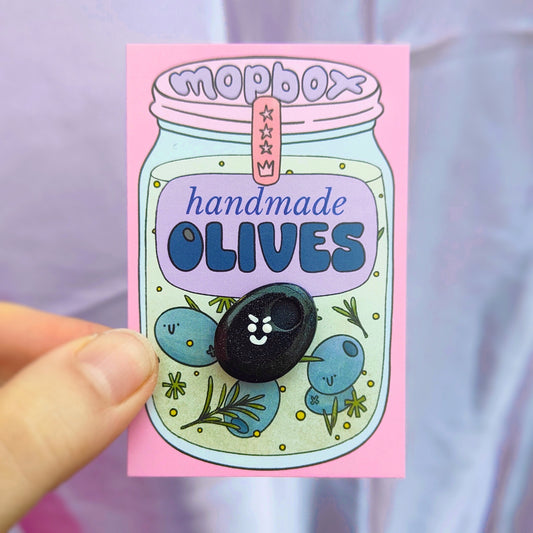 Black Pitted Olive Handmade Pin Badge - Spiteful Olive