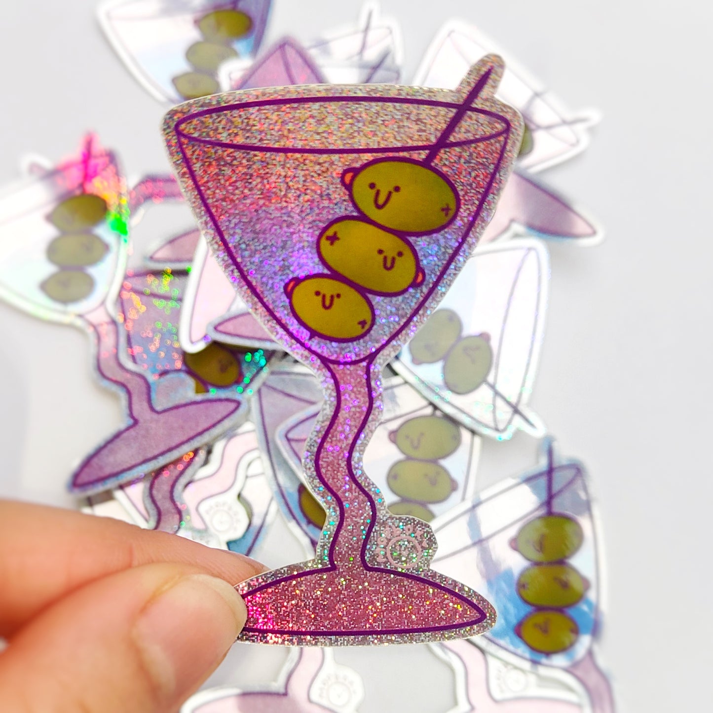 Olive-tini Smiling Cocktail - Holographic Glitter Sticker