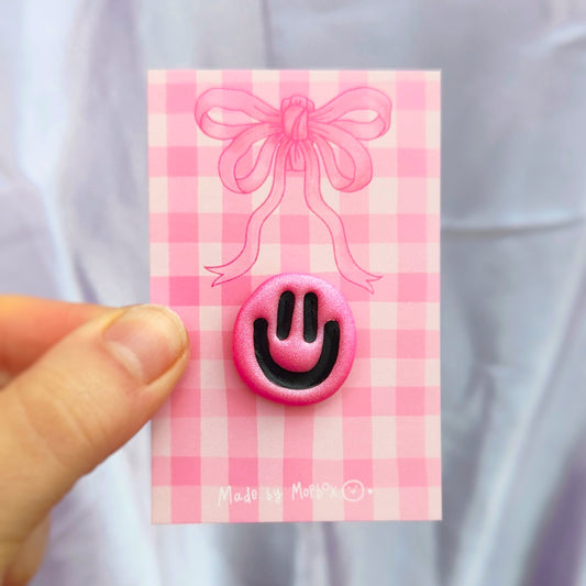 Wonky Smile Handmade Pin Badge - Sparkly pink