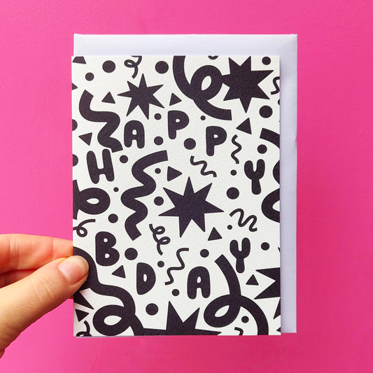 Happy Bday Black & White Shapes Birthday Greetings Card