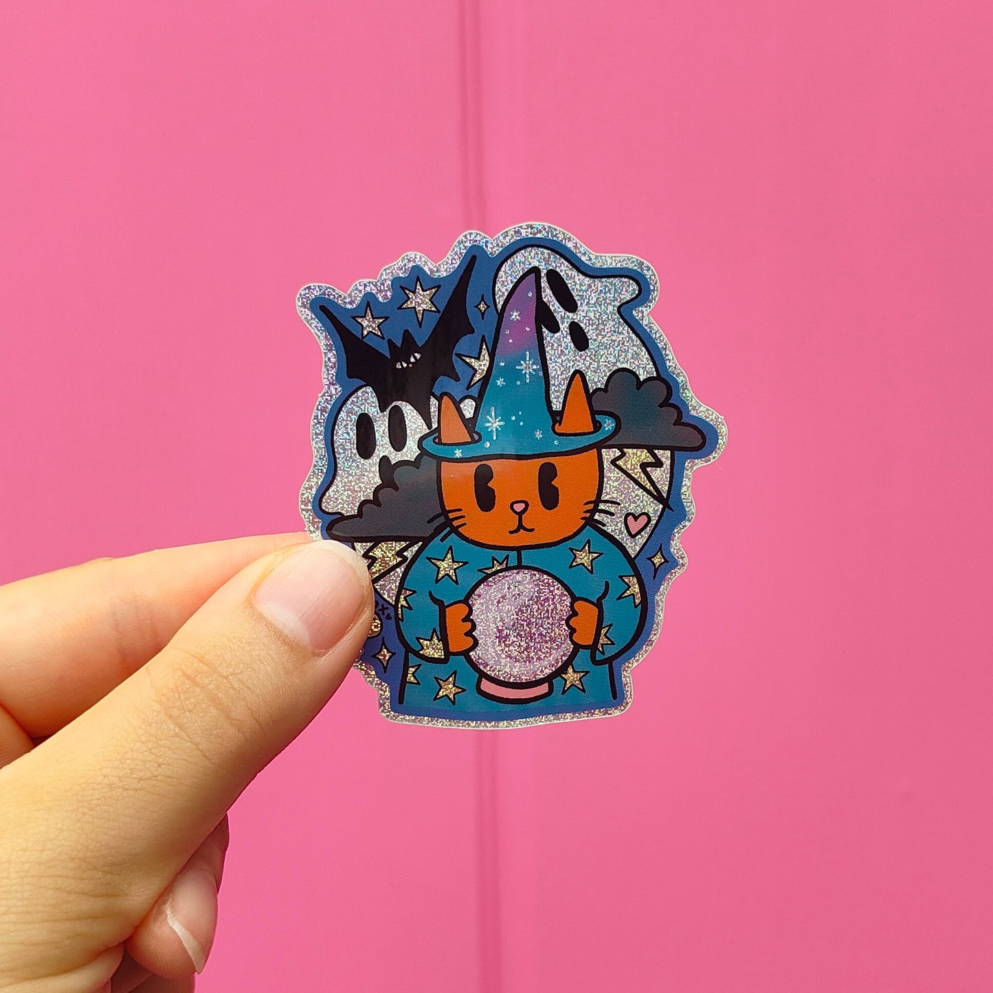 Wizard Cat Summoning Ghosts - Glitter Halloween Sticker