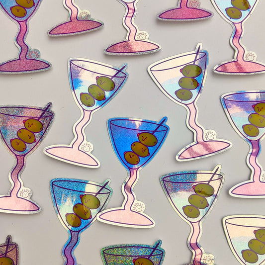 Olive-tini Smiling Cocktail - Holographic Glitter Sticker