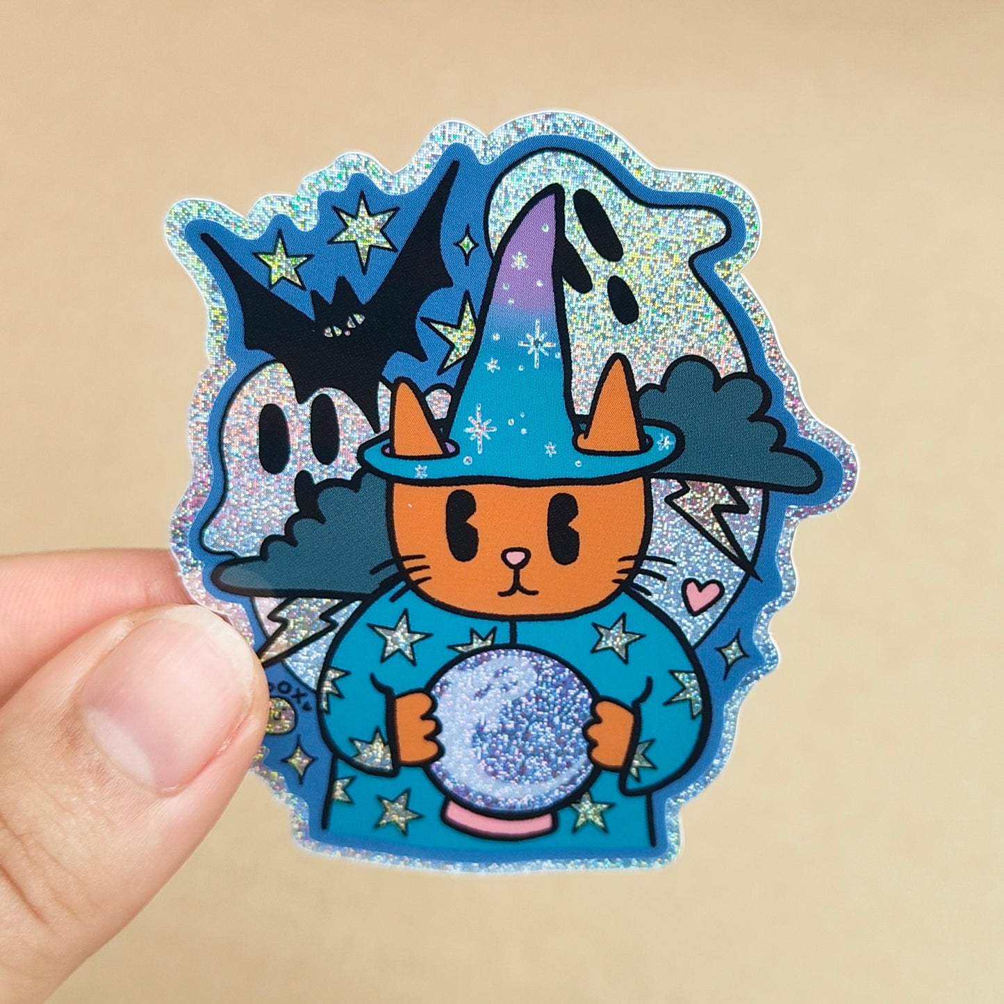 Wizard Cat Summoning Ghosts - Glitter Halloween Sticker